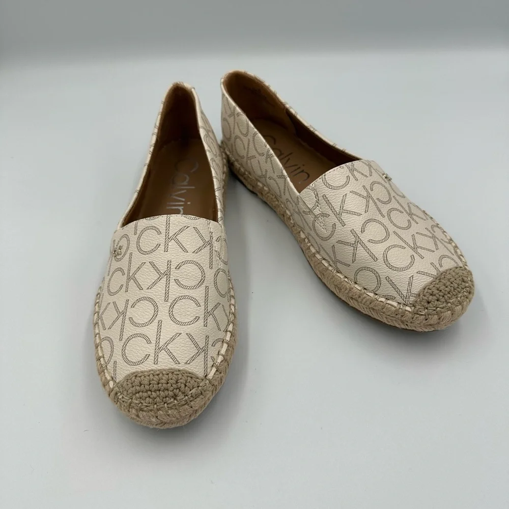 Calvin Klein Monogram Espadrilles Women US 6.5 Cream Slip-On Flats